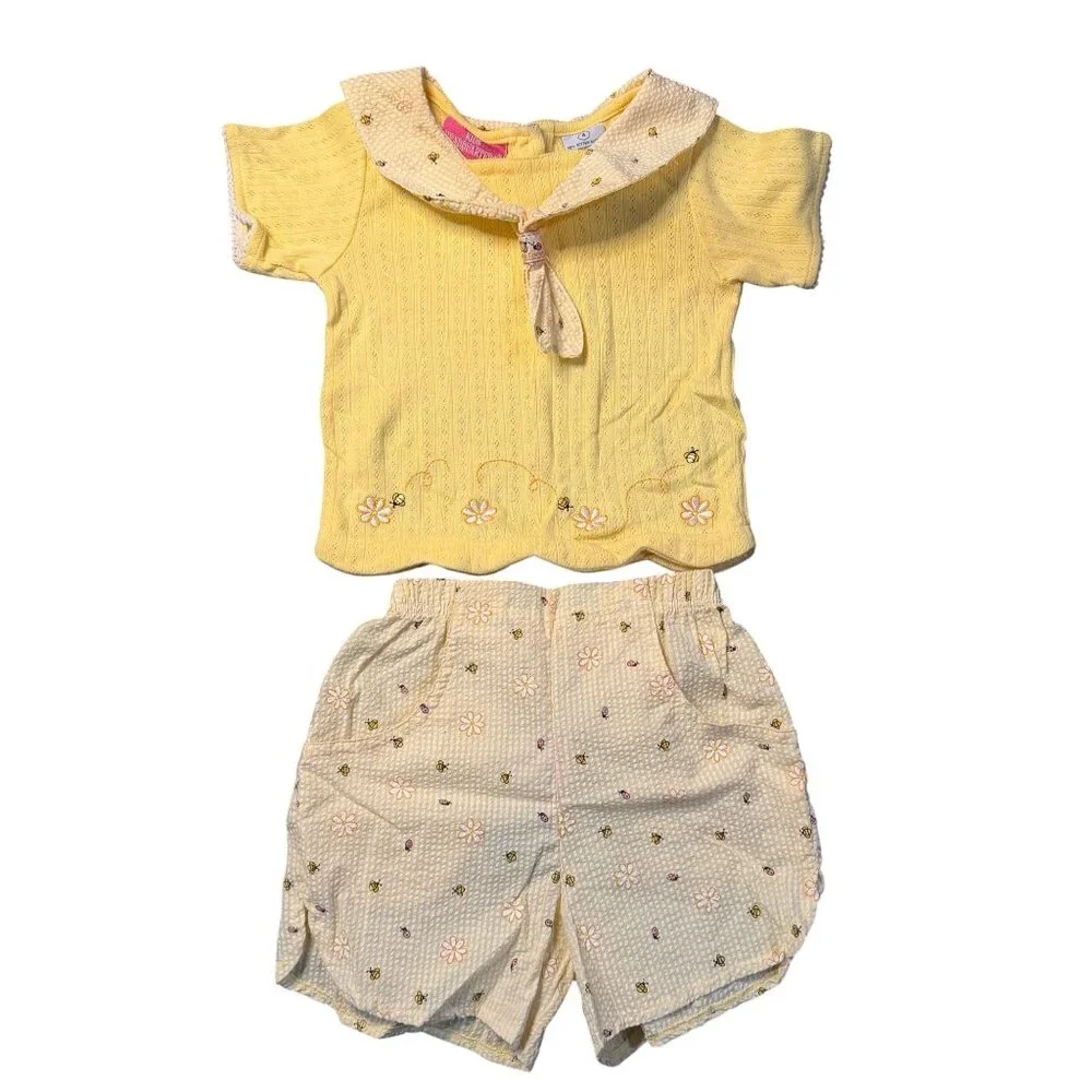 VTG Kids Headquarters Girl SZ 4 Yellow Floral Matching Outfit Retro‎ Summer 90's